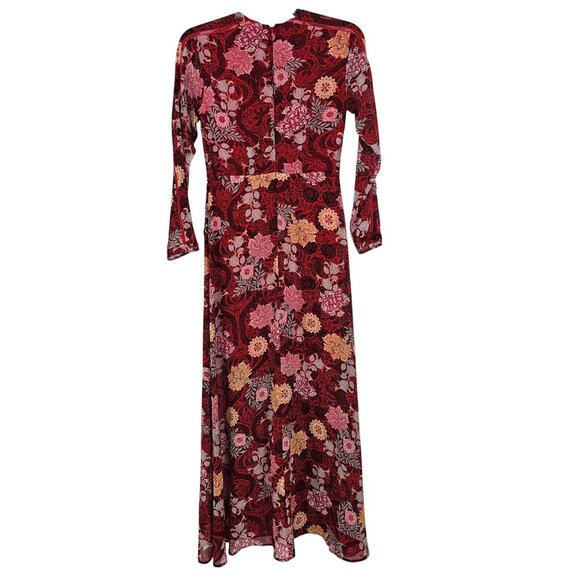 Guess Elysian Wrap Maxi Dress 6 Red Floral Boho Chiffon Layered Slit Lace Inset - Picture 4 of 16